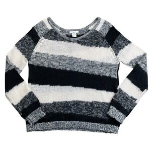 Boden Striped Knit Cozy Mohair Sweater Bar III Black Cream Gray Pullover Women M